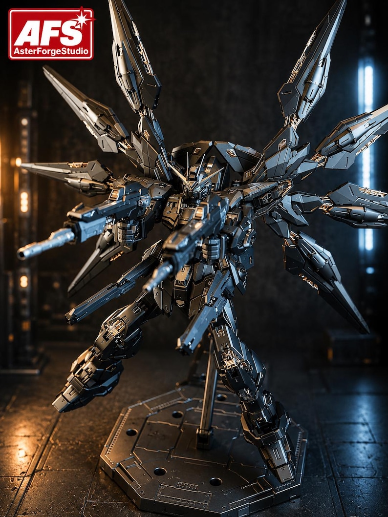 May include: A detailed, dark gray mecha figure with multiple articulated wings and weaponry. The figure is posed on a black stand, showcasing its intricate design and mechanical details. The text "AsterForgeStudio" is visible.