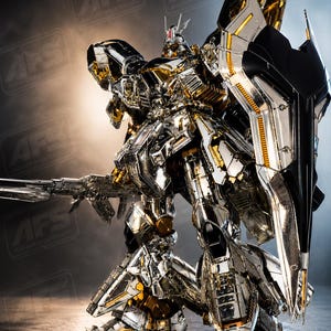 May include: A highly detailed, chrome and gold-colored robot figure with a large shield and a gun. The robot has intricate mechanical details and is posed in a dynamic stance. The logo "AFS AsterForgeStudio" is visible in the top left corner.