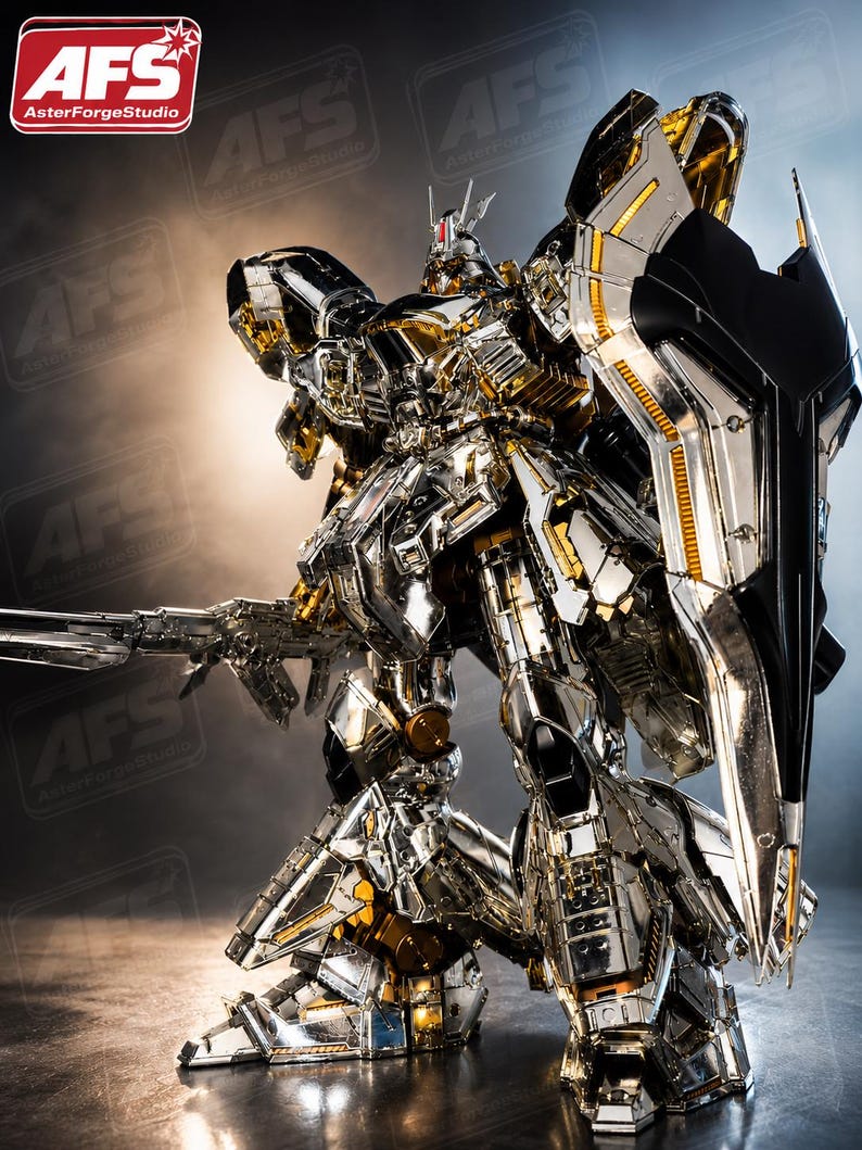 May include: A highly detailed, chrome and gold-colored robot figure with a large shield and a gun. The robot has intricate mechanical details and is posed in a dynamic stance. The logo "AFS AsterForgeStudio" is visible in the top left corner.