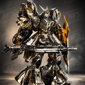 May include: A detailed, metallic gold and silver robot action figure, holding a rifle and shield. The figure has intricate armor plating and is posed dynamically. The logo "AsterForgeStudio" is visible in the top left corner.