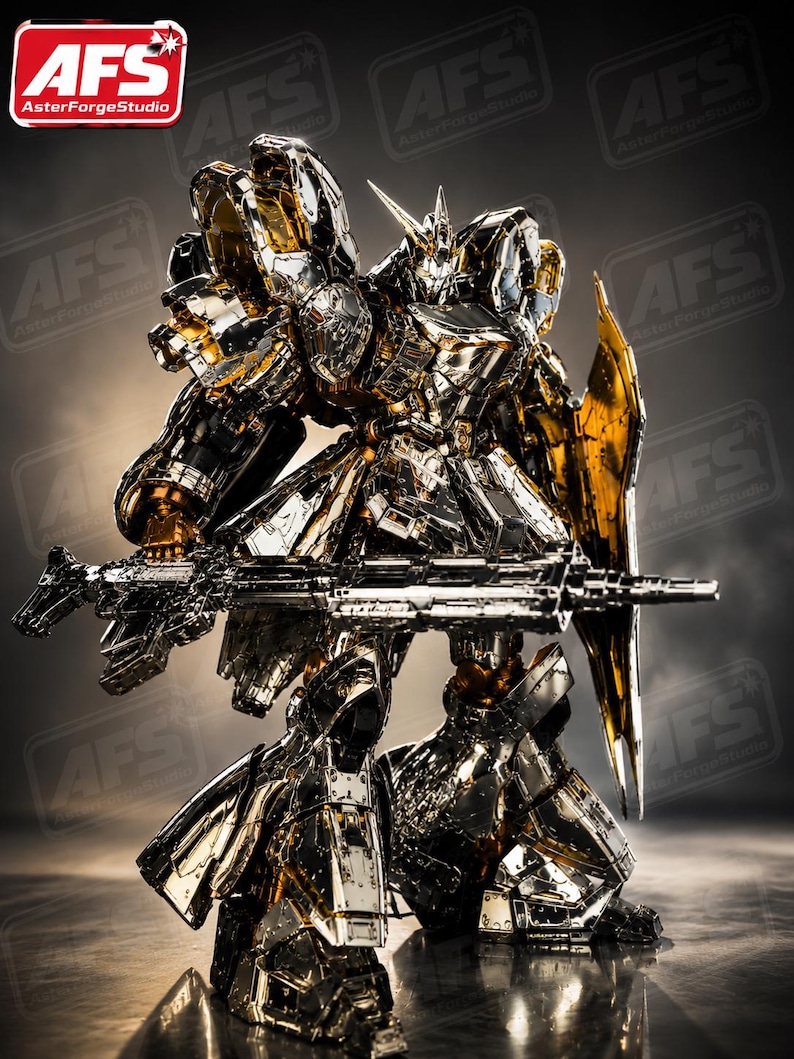 May include: A detailed, metallic gold and silver robot action figure, holding a rifle and shield. The figure has intricate armor plating and is posed dynamically. The logo "AsterForgeStudio" is visible in the top left corner.