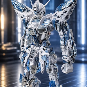 May include: A detailed, articulated robot model in shades of white, silver, and blue. The model features intricate mechanical details, including wings and a head with multiple antennae. The AFS logo is visible in the top left corner.