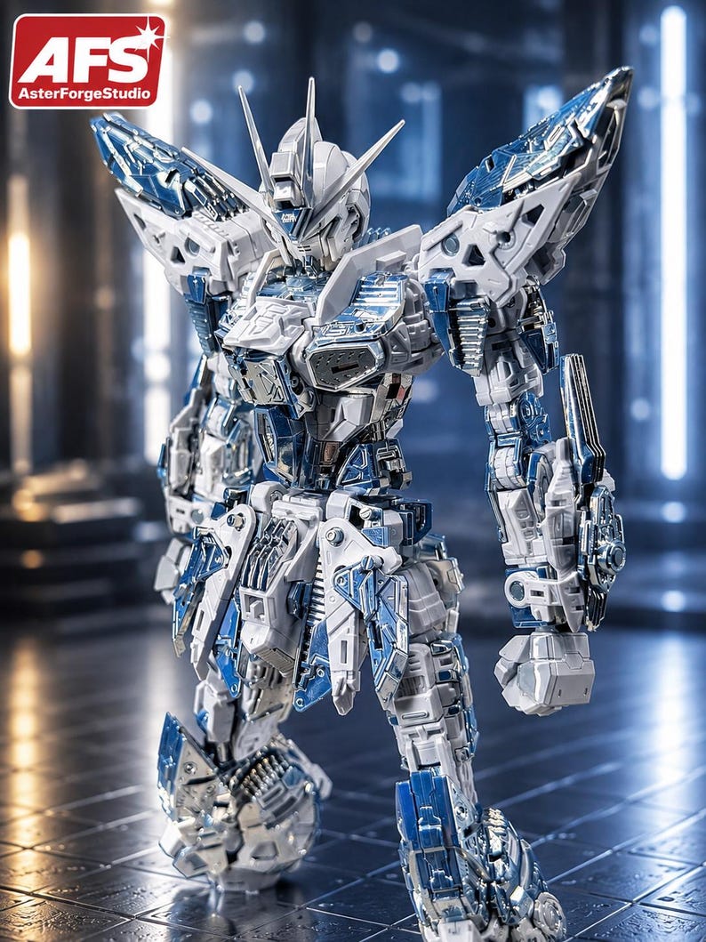 May include: A detailed, articulated robot model in shades of white, silver, and blue. The model features intricate mechanical details, including wings and a head with multiple antennae. The AFS logo is visible in the top left corner.