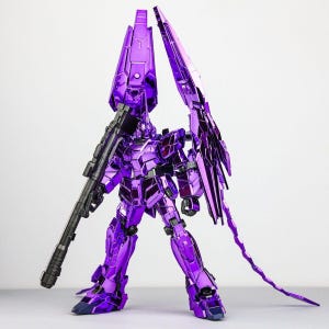 May include: A metallic purple robot model with large wing-like structures and a long rifle. The robot is standing upright, with detailed armor plating and a sleek, futuristic design. The model is set against a plain white background.