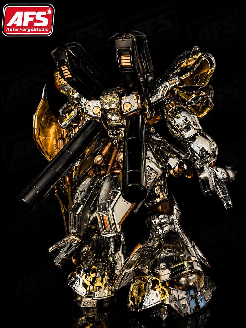 May include: A detailed, metallic robot figure with gold, silver, and black accents. The robot has multiple weapons and intricate mechanical details. The image includes the "AFS AsterForgeStudio" logo in the upper left corner.