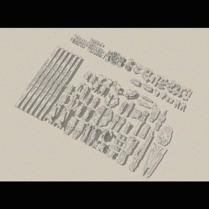 Pode incluir: Uma vista a&eacute;rea de uma cole&ccedil;&atilde;o de componentes mec&acirc;nicos detalhados, em tons de cinza, possivelmente para um modelo ou uma ilustra&ccedil;&atilde;o t&eacute;cnica. As pe&ccedil;as est&atilde;o dispostas sobre uma superf&iacute;cie bege clara, sugerindo um plano ou um design.
