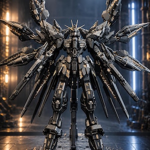 May include: A detailed, black and gold model of a robotic figure with multiple articulated wings and weaponry. The figure is standing on a platform. The logo "AFS AsterForgeStudio" is in the upper left corner.