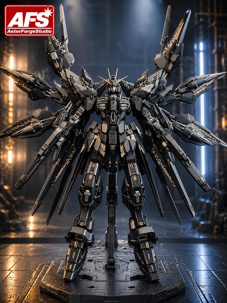 May include: A detailed, black and gold model of a robotic figure with multiple articulated wings and weaponry. The figure is standing on a platform. The logo "AFS AsterForgeStudio" is in the upper left corner.