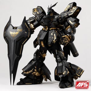 Puede incluir: Modelo detallado de robot negro y dorado con un gran escudo. El robot presenta intrincados detalles con acentos dorados y una pose din&aacute;mica. El escudo muestra el n&uacute;mero "5501" y un emblema dorado. El dise&ntilde;o general sugiere un tema futurista o de ciencia ficci&oacute;n.
