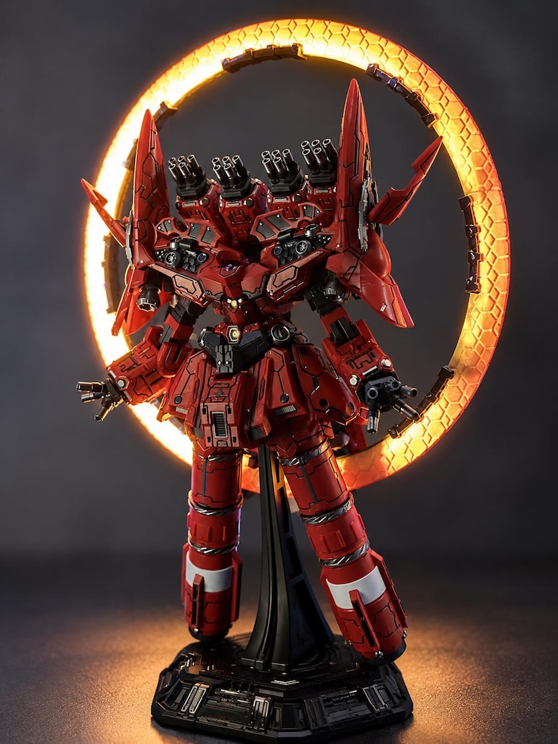 May include: A red and black robot model with multiple cannons and a glowing orange halo. The model is on a black stand, showcasing intricate details and a futuristic design. The robot has a skirt-like structure and white accents on its legs.
