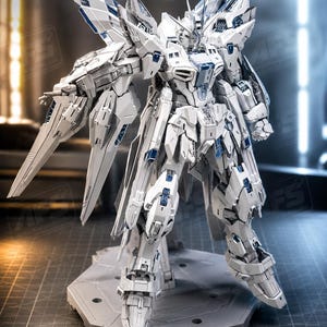 May include: A white and blue model robot figure with intricate details, standing on a gray hexagonal base. The figure has large wings and a sword. The logo "AFS AsterForgeStudio" is visible in the top left corner.