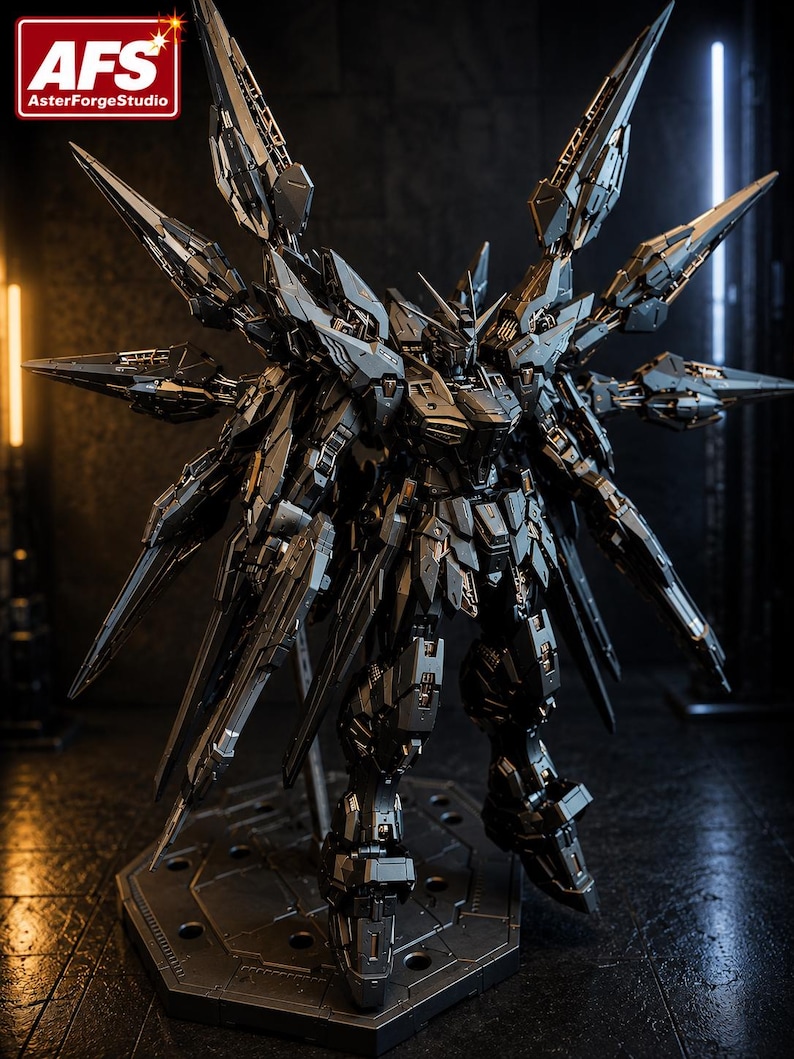 May include: A detailed, dark gray robot model with multiple articulated appendages and sharp, angular designs. The model is standing on a hexagonal base. The logo "AFS AsterForgeStudio" is visible in the upper left corner.