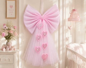 Fiocco nascita in tulle con cuoricini, 34x56 cm, rosa, azzurro