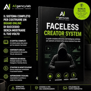 Può includere: Copertina del libro "Faceless Creator System" con un design scuro e dettagli verdi. L'immagine mostra una persona con una felpa con cappuccio che utilizza un laptop. Il libro tratta di automazione AI e creazione di un marchio online.