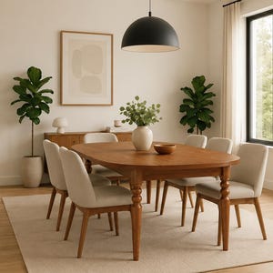 May include: A wooden dining table with turned legs and six upholstered chairs with light beige fabric seats. The table is set with a white ceramic vase containing green foliage and a small wooden bowl, positioned on a light-coloured area rug.