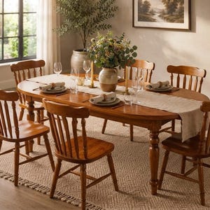 Op de afbeelding: Een ovale houten eettafel met gedraaide poten en zes bijpassende stoelen met spijlenrug. De tafel is gedekt met een beige linnen tafelloper, witte borden, opgerolde servetten, helder glaswerk en een centrale keramische vaas met bloemen.