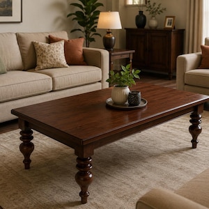May include: A rectangular dark brown wooden coffee table featuring four turned legs with a bulbous design. The table surface is smooth and polished, supporting a small round tray holding a white ribbed ceramic vase with a green plant and a small dark bowl.