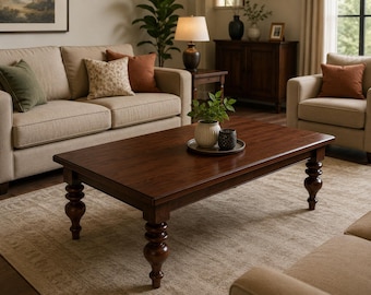 Handmade Farmhouse Living Room Table, Dark Walnut Wooden Center Table Traditional Turned Leg Coffee Table, Large Rectangular Cocktail Table