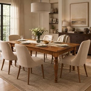 May include: A rectangular wooden dining table with turned legs, surrounded by six upholstered chairs in a light beige fabric with wooden legs. The table is set with white plates, clear glassware, and a central glass vase filled with white flowers.