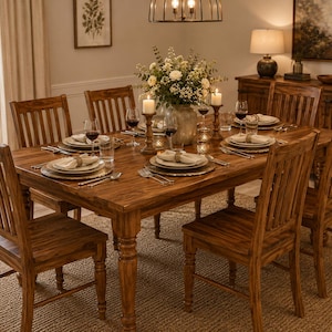 Mesa de comedor de madera maciza hecha a mano, mesa rústica de madera estilo granja, muebles de comedor de cocina a medida, mesa de comedor con patas torneadas