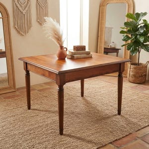 Könnte beinhalten: Ein quadratischer Esstisch aus Holz mit vier geraden Beinen und einer glatten, mittelbraunen Oberfläche. Auf dem Tisch steht eine kleine, runde Vase in Terrakottafarbe mit einem hohen, federartigen beigen Wedel und zwei gestapelten Büchern.