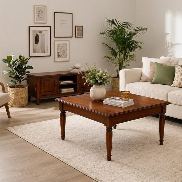 Premium Solid Wood Square Coffee Table | Elegant Mahogany Finish Center Table with Hand-Carved Turned Legs for Living Room, Balcony & Porch