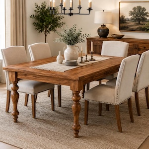 Op de afbeelding: Een rechthoekige houten eettafel met gedraaide poten en zes gestoffeerde stoelen met beige bekleding en siernagels. De tafel is gedekt met een geweven tafelloper, een witte keramische vaas met groen, kleine bordjes en drie koperen kandelaars.