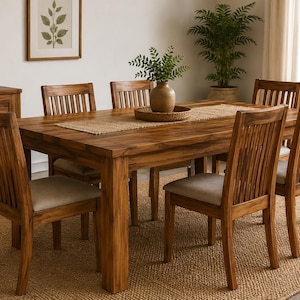 Può includere: Un tavolo da pranzo rettangolare in legno con quattro sedie abbinate dotate di schienali a doghe verticali e sedili imbottiti color beige chiaro. La superficie del tavolo è in legno marrone liscio, sormontata da un runner intrecciato e un vassoio.