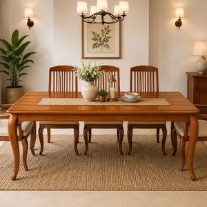May include: A rectangular wooden dining table with curved legs and six matching chairs featuring vertical slat backs and beige upholstered seats. A woven table runner, a ceramic vase with flowers, and a small lantern sit on the tabletop.