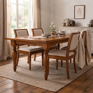 Puede incluir: Una mesa de comedor rectangular de madera con patas torneadas y cuatro sillas con asientos y respaldos tapizados en color beige claro. Un camino de mesa beige cruza el centro de la mesa, decorada con varios cuencos pequeños y un jarrón.