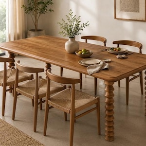 May include: A rectangular wooden dining table with four thick, stacked-sphere legs and rounded corners, accompanied by four wooden chairs featuring curved backrests and woven seats, topped with a ceramic vase and small plates.