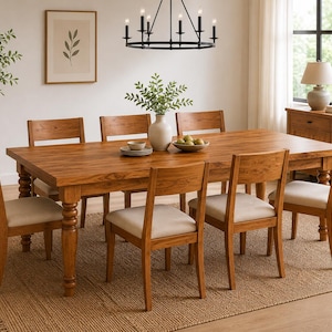 May include: A rectangular wooden dining table with turned legs and six matching chairs featuring light beige upholstered seats. The table is set with a white ceramic bowl, a stack of plates, and a white vase containing green foliage.