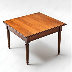 May include: A square wooden table featuring a smooth, polished medium-brown surface with visible wood grain patterns. The table is supported by four slender, tapered legs that extend downwards from the corners of the rectangular frame.