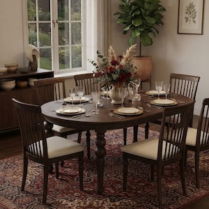 Mesa de comedor ovalada de madera de teca hecha a mano, mesa de comedor con pedestal de madera maciza, muebles de comedor de estilo rústico, mesa de cocina y comedor a medida.