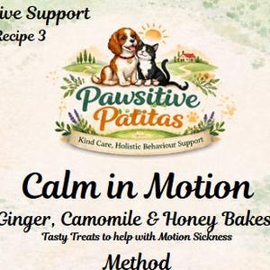 May include: An advertisement for "Pawsitive Patitas" pet treats. The image features a dog and cat illustration above the text "Calm in Motion." The treats are described as Ginger, Camomile & Honey Bakes, designed to help with motion sickness. The words "Digestive Support" and "Recipe 3" are also visible.
