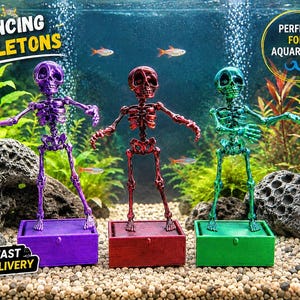 May include: Three skeleton figurines in purple, red, and green, each standing on a matching rectangular base. The skeletons are posed in dynamic, dancing positions with arms outstretched. The text DANCING SKELETONS appears in the upper left corner.