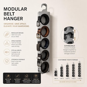 May include: A grey modular belt hanger featuring five circular slots, each holding a rolled belt with a metal buckle. The vertical storage unit includes a top hook and text labels describing its modular, space-saving, and expandable design.