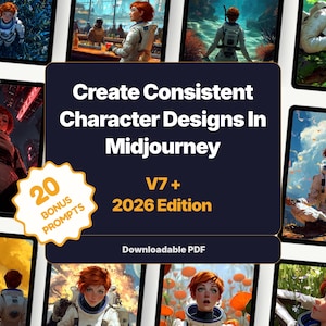 May include: A digital art piece showcasing a collection of images on tablets. The central image features the text "Create Consistent Character Designs In Midjourney" with "V7+ 2026 Edition" and "Downloadable PDF". The tablets display various sci-fi themed illustrations.