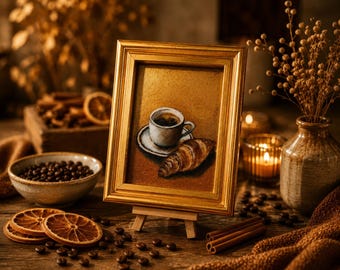 Miniatuur origineel olieverfschilderij koffie en croissant – handgeschilderd ingelijst kunstwerk – Frans cafédecor – kleine muurkunst