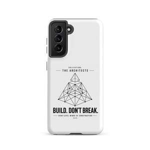 May include: White phone case with a black camera module. The case features a geometric design with the text "BUILD. DON'T BREAK." and "COLLECTION: THE ARCHITECTS." The design is in black, with a white background.