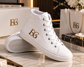 White High Top Sneakers, Gold EG Logo, Casual Fashion Shoes