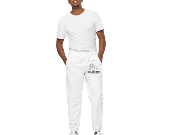 Pantalones deportivos Premium de Architects Collection, pantalones de chándal geométricos minimalistas, pantalones de estilo urbano técnico, diseño "Build Don't Break", blancos.