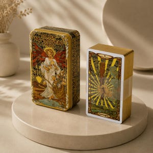 Op de afbeelding: Een rechthoekig metalen blik met de tekst Golden Art Nouveau Tarot en een afbeelding van een gevleugelde figuur, naast een set tarotkaarten met goudkleurige randen die een hand met een houten staf toont.