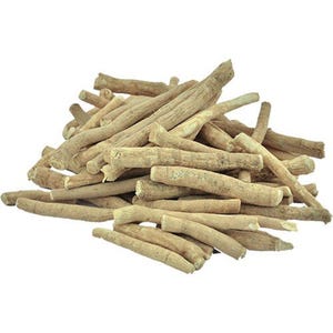 May include: A pile of dried, light tan, cylindrical plant roots. The roots are woody, textured, and vary in length and thickness, featuring a rough, fibrous surface with natural markings and irregular shapes stacked together in a cluster.