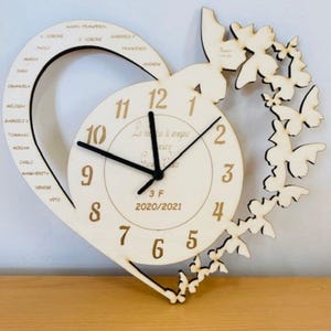 Può includere: Un orologio da parete in legno chiaro a forma di cuore con quadrante circolare, lancette nere e numeri da 1 a 12. Il lato sinistro della cornice a forma di cuore elenca dei nomi, mentre il lato destro è decorato con diverse farfalle.