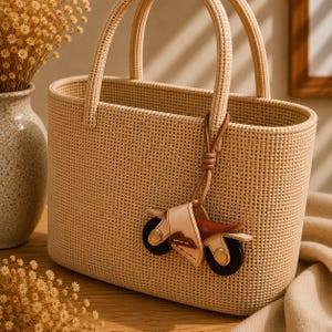 May include: A woven beige tote bag with two handles. A leather motorcycle charm hangs from the handle. The charm has a brown seat, cream-colored body, and black wheels. A vase with dried flowers is in the background.