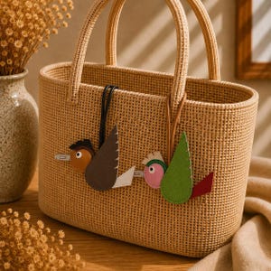 May include: A woven rattan tote bag with two leather bird-shaped embellishments. The birds have brown, green, pink, and red accents. The bag has two handles and a rectangular shape.