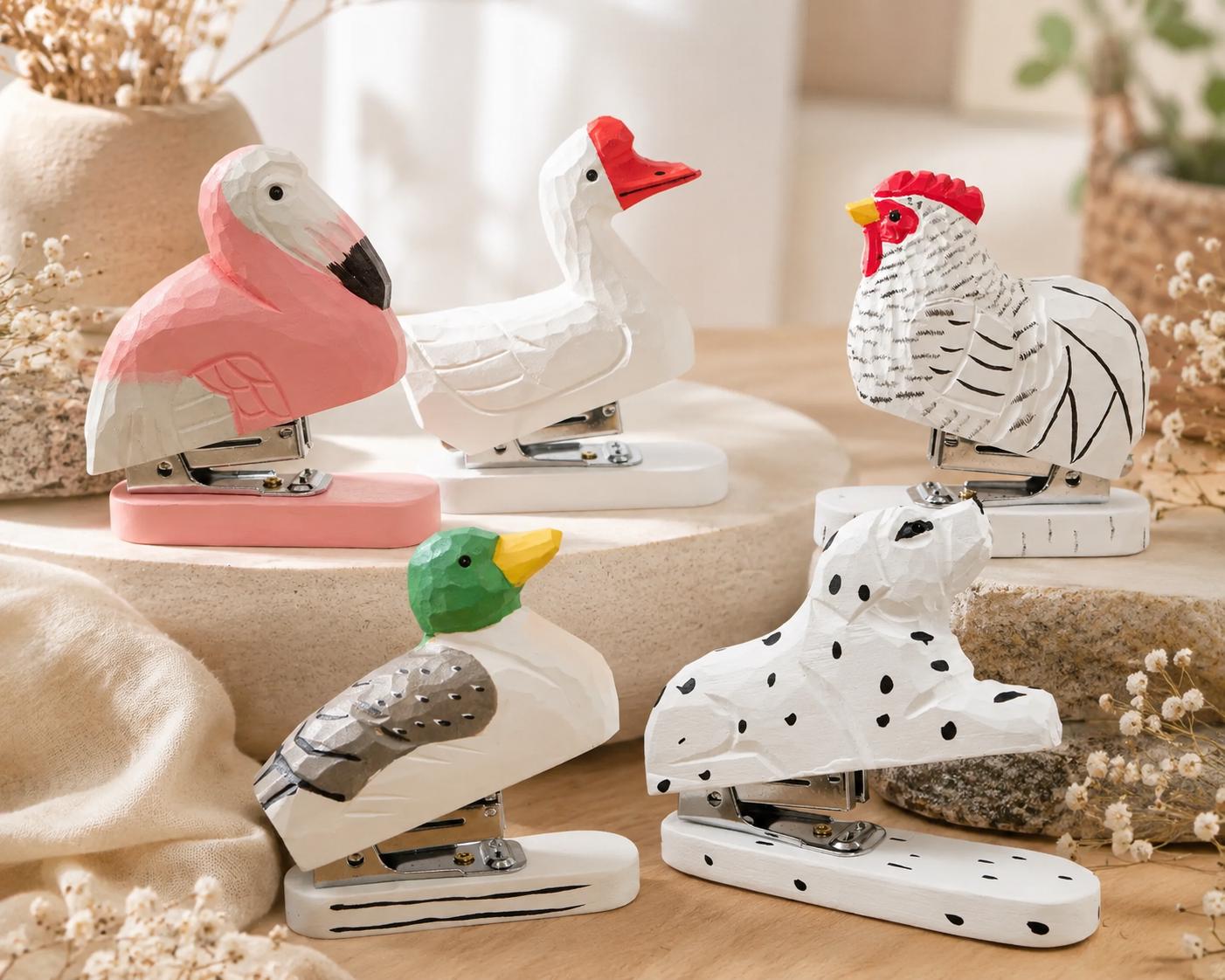 Wooden Animal Stapler Set, Handmade Desk Accessories, Duck Goose Rooster Flamingo Dog Office Decor, Unique Teacher Gift