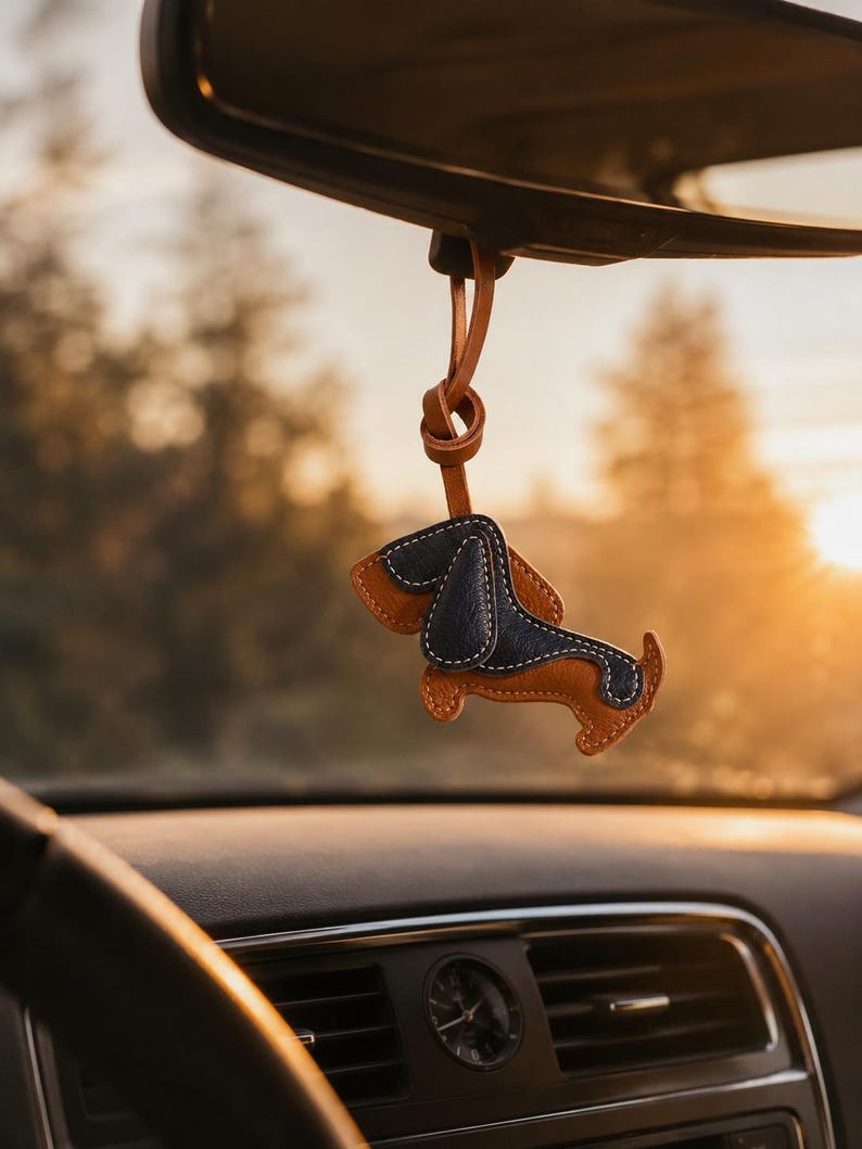 May include: A leather dachshund car charm in brown and navy blue, suspended from a car's rearview mirror. The charm is stitched with white thread and has a leather loop. The background is blurred, with a warm, golden light.