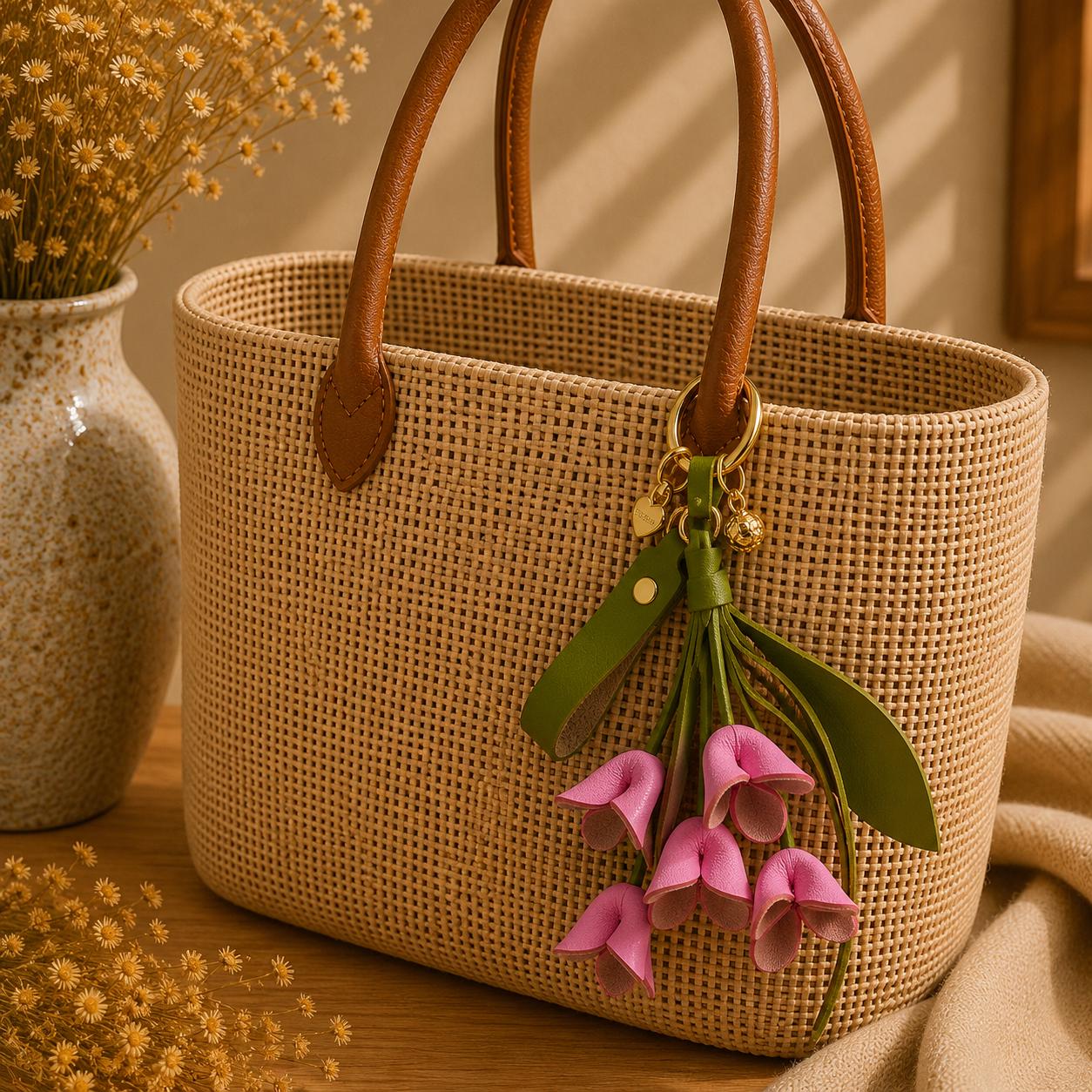Handmade Lily Flower Bag Charm - Cottagecore Leather Purse Charm, Pink Floral Tote Accessory, Scandinavian Summer Bag Pendant Gift for Women